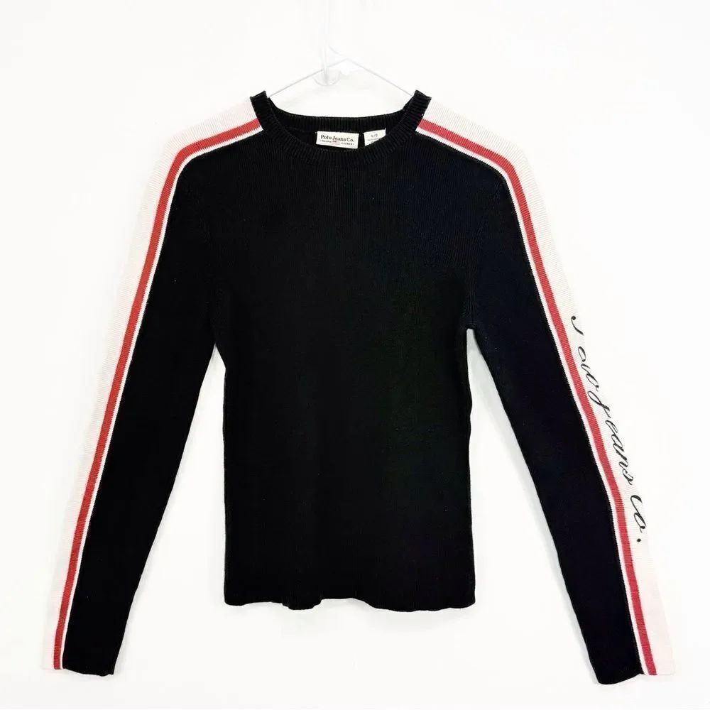 Polo Jeans Co. Ralph Lauren Retro Blue Red White Spellout Stretch Knit Sweater